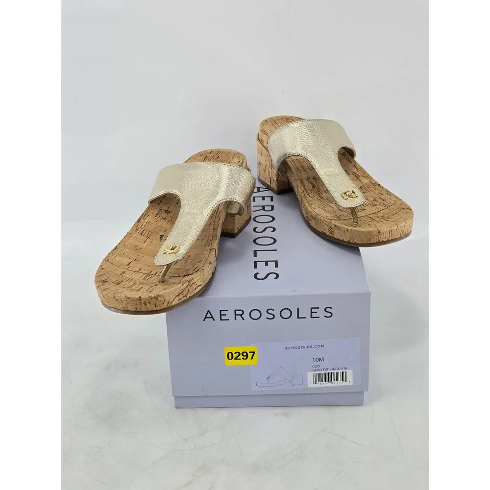 Aerosoles Clio Sandals Womens Size 10M Gold T-Strap Cork Wedge - New